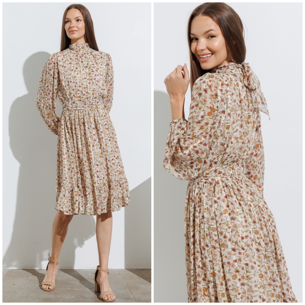 POLAGRAM Beige Floral Long Sleeves Mock Neck Midi Dress - Picture 5 of 5